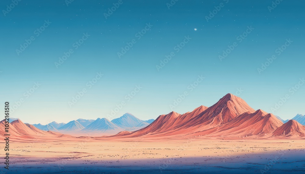 Naklejka premium Isolated alien landscape with mountains in the horizon under a clear blue sky
