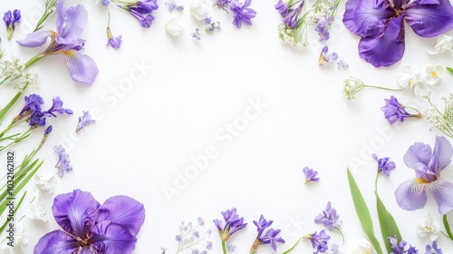 an artful arrangement of violet bloomsâ€”from regal irises to delicate bluebellsâ€”creates a dreamy frame against a luminous white backdrop, perfect for elegant typography