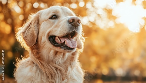 Happy golden retriever enjoying autumn in nature, perfect for outdoor activities