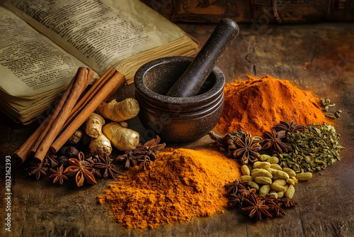 Arrangement of medicinal spices with turmeric, ginger, cinnamon, cloves, and star anise beside mortar, pestle, and herbal book