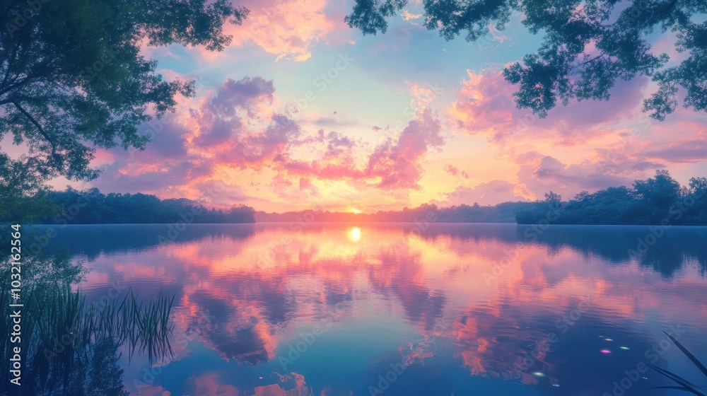 Pink sunset reflected in a lake. Pink sunset reflected in a lake.
