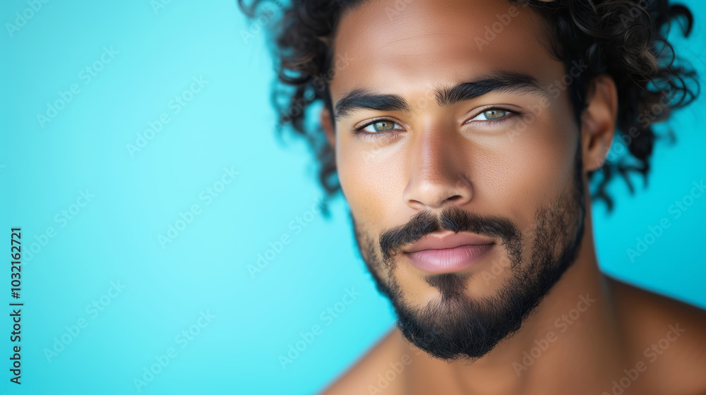 Obraz premium man in his late 20s, looking confidently with a healthy complexion on a light sky-blue background