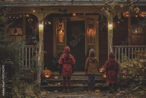 Children dress up as evil spirits for Halloween. Knock on a festively decorated Halloween house.