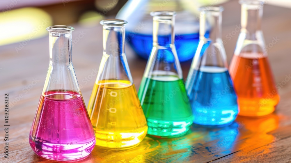 Five Erlenmeyer Flasks Filled with Colored Liquids on a Wooden Table Five Erlenmeyer Flasks Filled with Colored Liquids on a Wooden Table