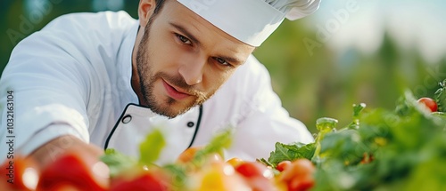 Gourmet chef choosing premium vegetables at an organic farm, analyzing each detail of the freshest ingredients available photo