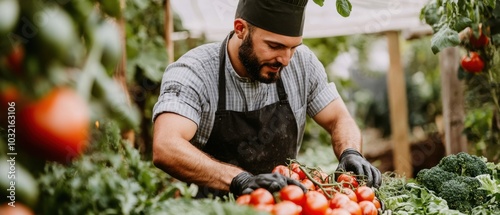 Gourmet chef choosing premium vegetables at an organic farm, analyzing each detail of the freshest ingredients available photo