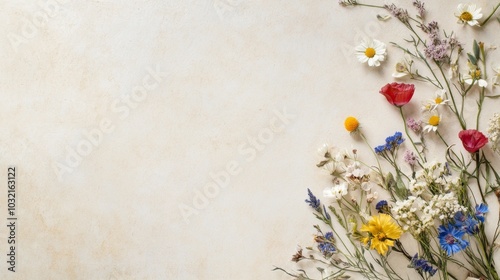 a corner vignette of pressed wildflowersâ€”cornflowers, daisies, and poppiesâ€”artfully arranged on aged parchment, evoking vintage herbarium aesthetics