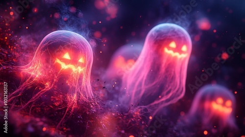 Ethereal glowing ghosts with pumpkin faces in a mystical environment.