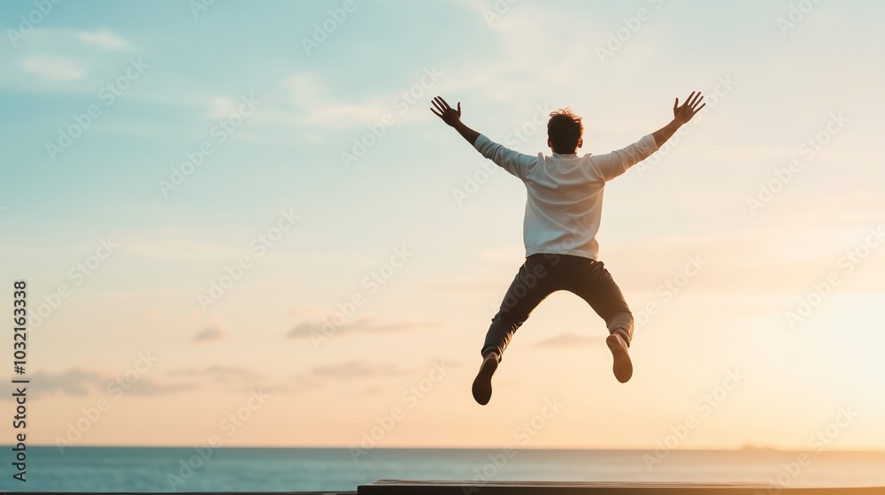 A person leaps joyfully against a sunset backdrop at the beach, capturing a moment of freedom and exhilaration just before twilight A person leaps joyfully against a sunset backdrop at the beach, capturing a moment of freedom and exhilaration just before twilight