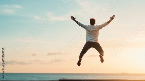 A person leaps joyfully against a sunset backdrop at the beach, capturing a moment of freedom and exhilaration just before twilight photo