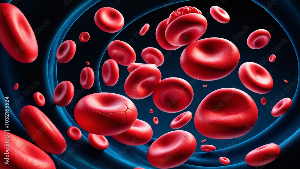 A detailed illustration of red blood cells suspended in a dark background. The smooth, disc-like structures show lifelike shading and texture, representing the flow of blood. A detailed illustration of red blood cells suspended in a dark background. The smooth, disc-like structures show lifelike shading and texture, representing the flow of blood.