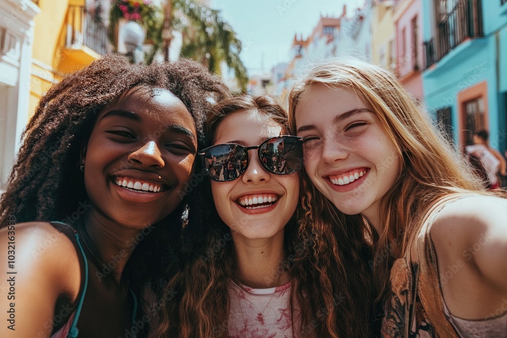 Three young women smile for the camera. This image can be used to represent friendship, joy, and happiness. Three young women smile for the camera. This image can be used to represent friendship, joy, and happiness.