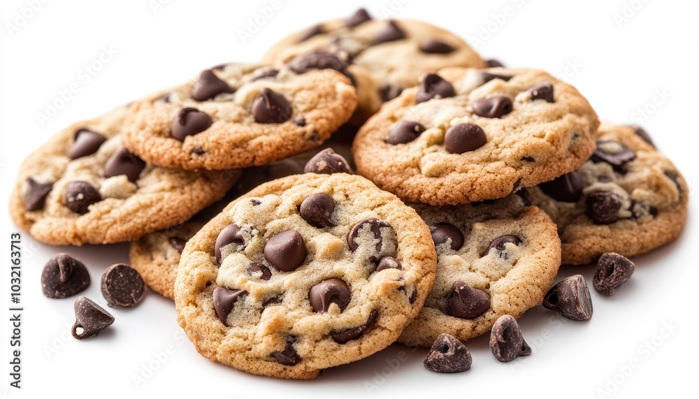 Delicious homemade chocolate chip cookies arranged attractively on a white background Delicious homemade chocolate chip cookies arranged attractively on a white background