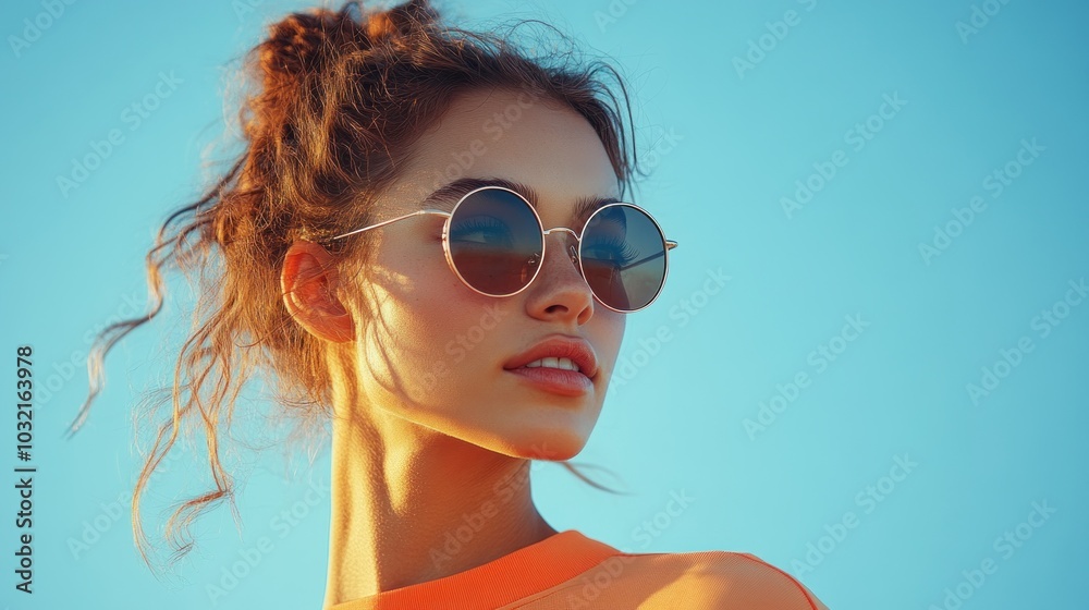 A young woman with red hair and sunglasses looks off to the side against a clear blue sky. A young woman with red hair and sunglasses looks off to the side against a clear blue sky.