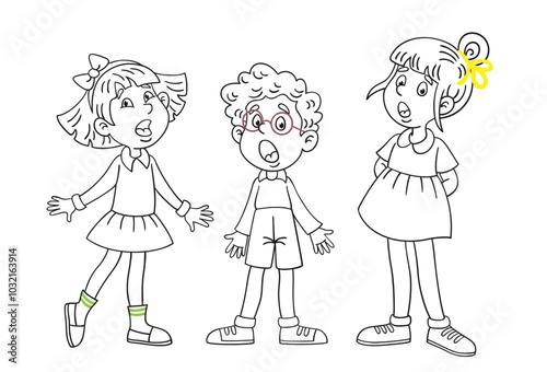 Two little girls and one funny boy sing together. Black and white picture with color accents. For coloring book. Isolated on white background. Vector illustration.