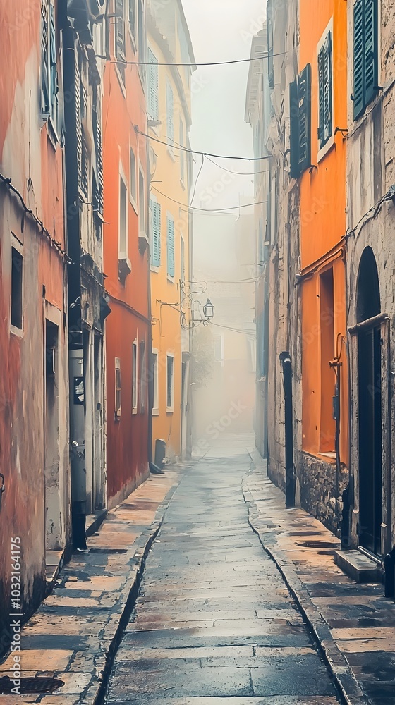 Fototapeta premium Vibrant City Street Contrasts with Serene Foggy Alley in Split Photography Concept