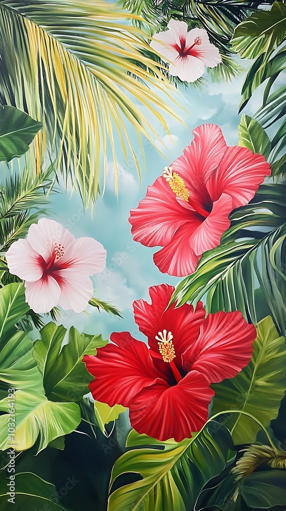 Fototapeta premium Tropical Hibiscus Flowers and Lush Green Foliage