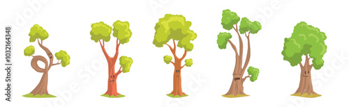 Cute Tree Character with Trunk and Green Crown Have Face Vector Set