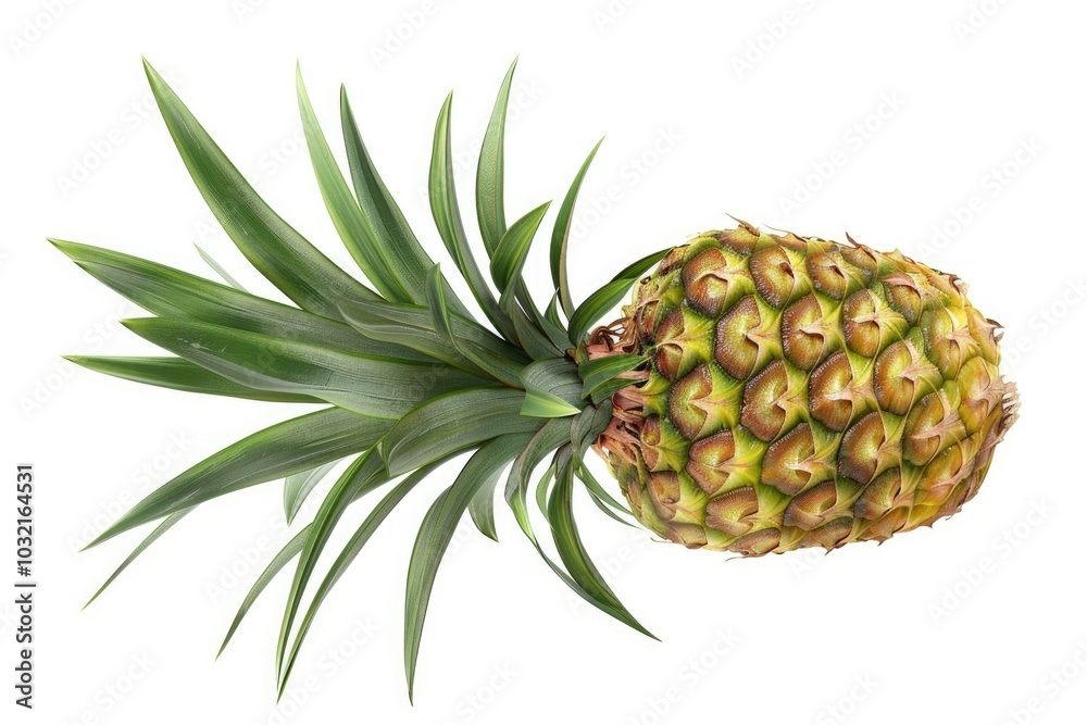 Isolated whole pineapple with green leaves on white background Isolated whole pineapple with green leaves on white background