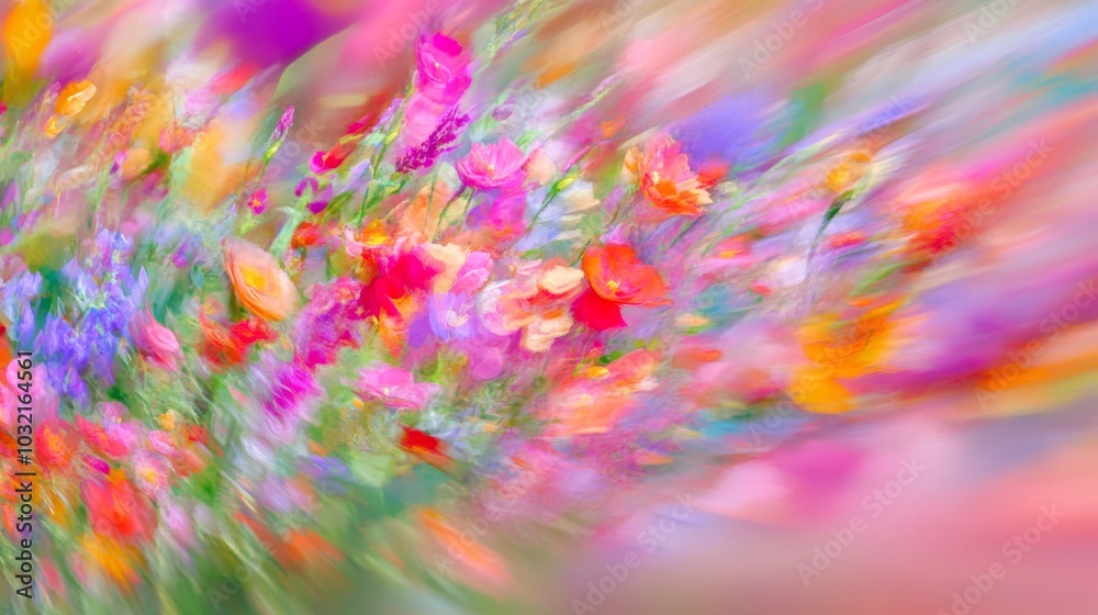 Obraz premium explosion of multi-hued flowers fills frame, heralding spring's arrival painterly effect blends blooms into impressionistic tapestry sunlight dances across petals, creating prismatic display subtle