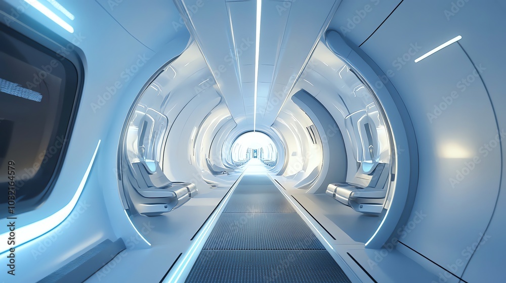 A long hallway with white walls and a light at the end. A long hallway with white walls and a light at the end.