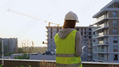 Construction female engineer taking notes and writing on clipboard while inspecting a building site