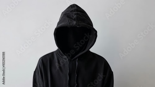 Faceless person in black hoodie against neutral background, anonymity and mystery concept.