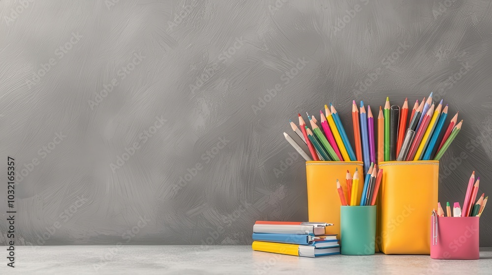 Obraz premium Brightly colored pencil cases with a variety of stationery spilling out, ideal for backtoschool ads