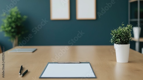 Organized and minimalist workspace with welcome onboarding materials and corporate branded accessories on a wooden desk  Concept of employee orientation human resources photo