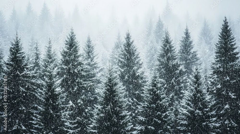 Tall pine trees covered in snow stand in a dense forest, with falling snow creating a soft, blurred background. Tall pine trees covered in snow stand in a dense forest, with falling snow creating a soft, blurred background.