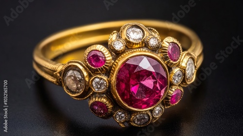 Gorgeous ring made of antique gold set with real rubies and diamonds