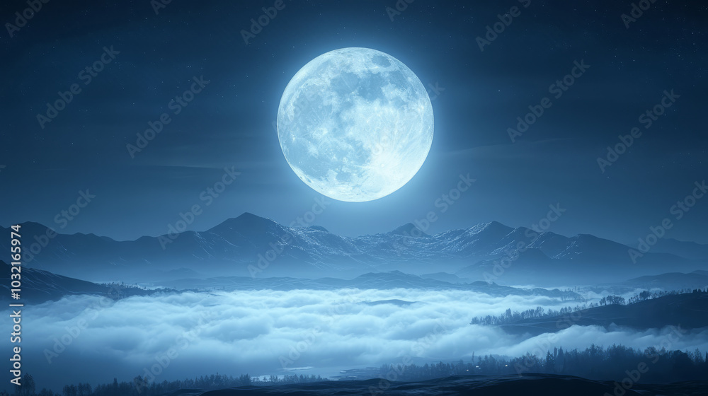 Forest valley and huge full moon background at night Forest valley and huge full moon background at night