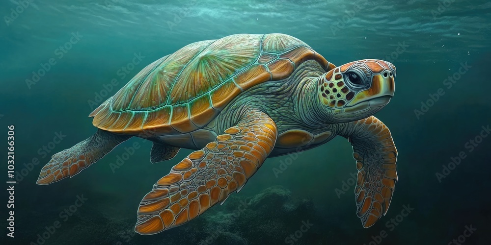 Fototapeta premium Realistic Illustration of a Sea Turtle Swimming in the Ocean