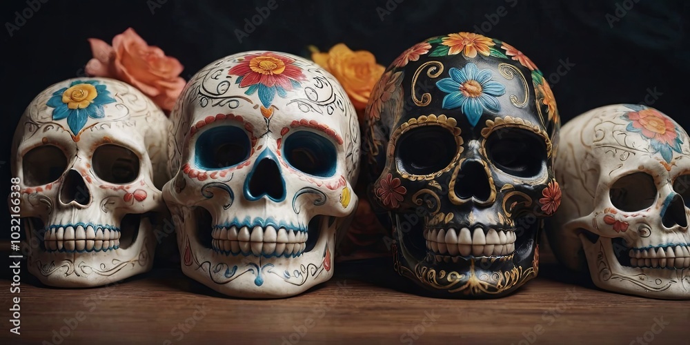 Four skulls with flowers painted on them are arranged on a wooden table Four skulls with flowers painted on them are arranged on a wooden table