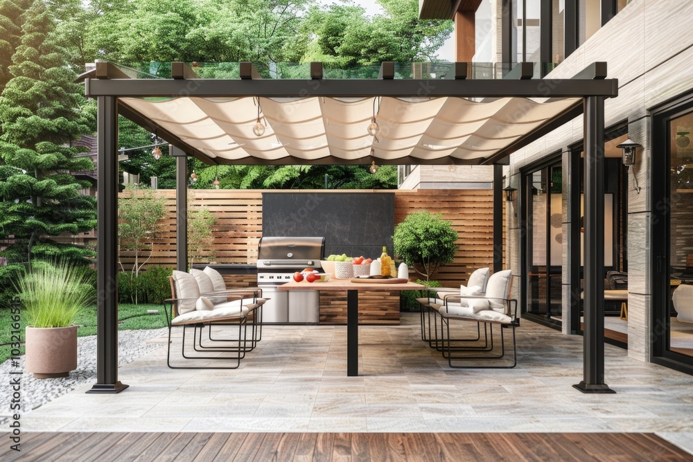 A patio with a table, chairs, and a grill A patio with a table, chairs, and a grill
