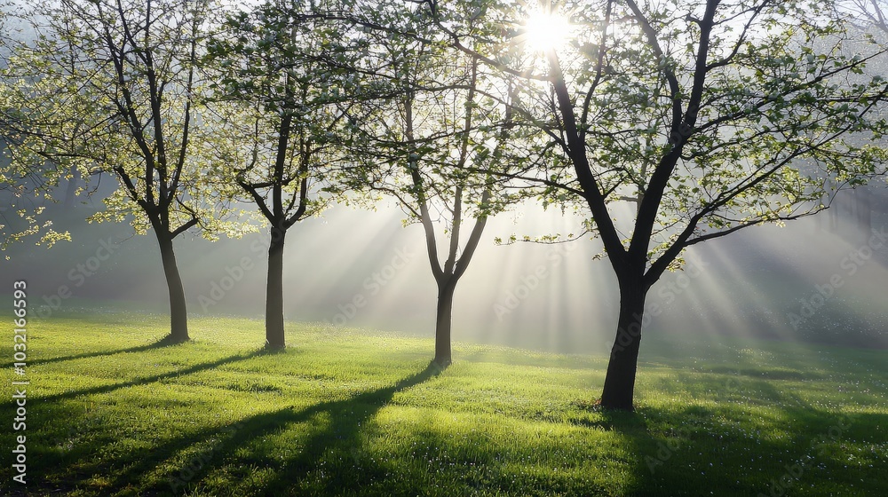 Sun rays shining through trees in a misty field. Sun rays shining through trees in a misty field.