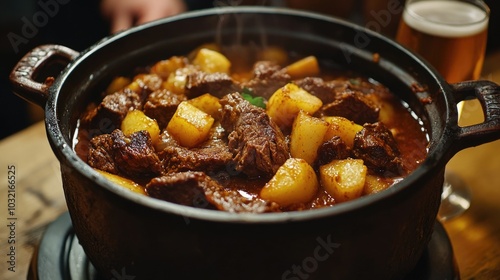 A warm and inviting scene featuring a pot filled with stew and topped with potatoes, set on a wooden table