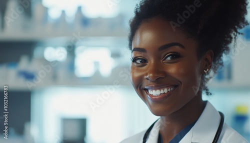 A happy African American doctor smiles in her medical uniform at the clinic photo