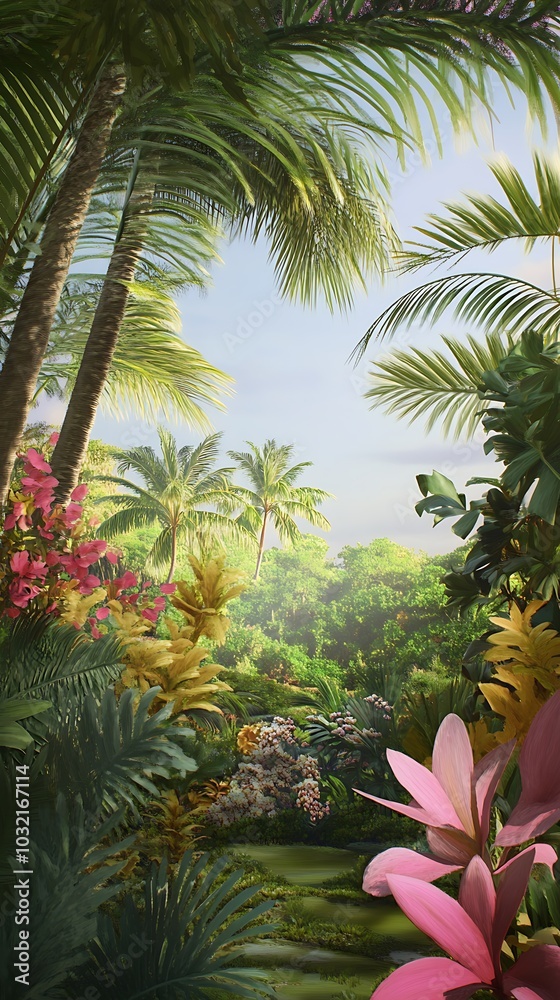 Lush Tropical Jungle with Pink Flowers and Palm Trees Lush Tropical Jungle with Pink Flowers and Palm Trees