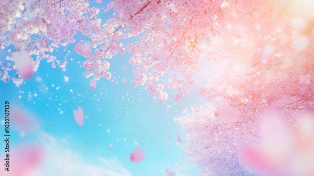 Fototapeta premium sakura trees in full bloom, their pink petals a gauzy veil against cerulean sky foreground blossoms in sharp focus, background a dreamy blur of pastels sunlight filters through branches, casting