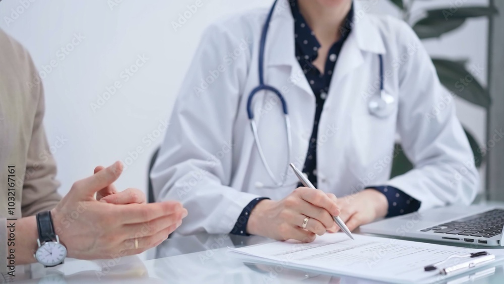 Doctor and patient are talking in clinic after health check up. Female physician is making notes. Medicine concept Doctor and patient are talking in clinic after health check up. Female physician is making notes. Medicine concept