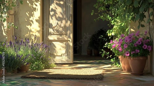 rustic coir doormat framed by an ornate, weathered door ajar, revealing a lush interior garden with vibrant potted geraniums and fragrant lavender, dappled sunlight casting intricate shadows photo