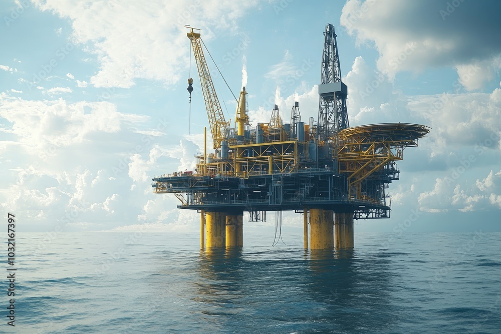 Offshore oil rig platform in ocean. Illustrates energy production and the industry's reliance on offshore drilling.