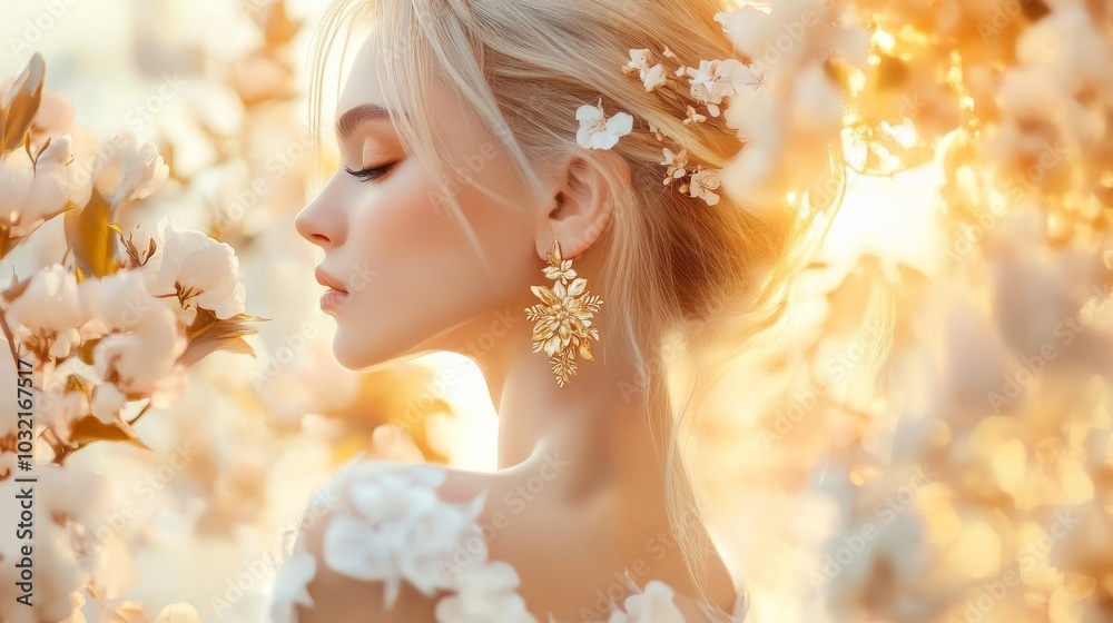 statuesque blonde beauty adorned with intricate gold earrings, their design echoing nature's artistry diaphanous gown flows like water soft-focus floral backdrop creates dreamlike ambiance golden statuesque blonde beauty adorned with intricate gold earrings, their design echoing nature's artistry diaphanous gown flows like water soft-focus floral backdrop creates dreamlike ambiance golden
