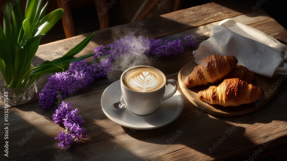 a steaming latte macchiato nestled among buttery croissants and purple hyacinths on a rustic wooden table, bathed in warm, inviting light a steaming latte macchiato nestled among buttery croissants and purple hyacinths on a rustic wooden table, bathed in warm, inviting light