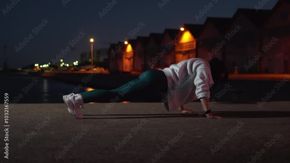 Determined sporty woman doing push ups on street at night in dark city. Full body of young fit female exercising with illuminated buildings in background 