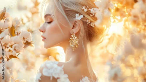 statuesque blonde beauty adorned with intricate gold earrings, their design echoing nature's artistry diaphanous gown flows like water soft-focus floral backdrop creates dreamlike ambiance golden