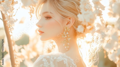 statuesque blonde beauty adorned with intricate gold earrings, their design echoing nature's artistry diaphanous gown flows like water soft-focus floral backdrop creates dreamlike ambiance golden