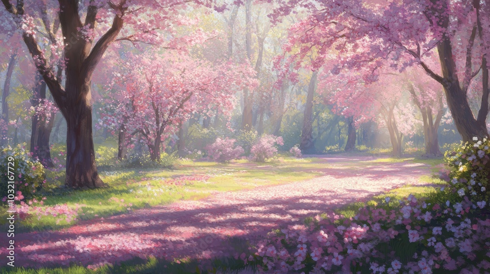 a sunlit park bursts with cherry blossoms, their petals swirling in a gentle breeze as dappled light filters through fresh foliage, creating a dreamy, impressionistic scene a sunlit park bursts with cherry blossoms, their petals swirling in a gentle breeze as dappled light filters through fresh foliage, creating a dreamy, impressionistic scene