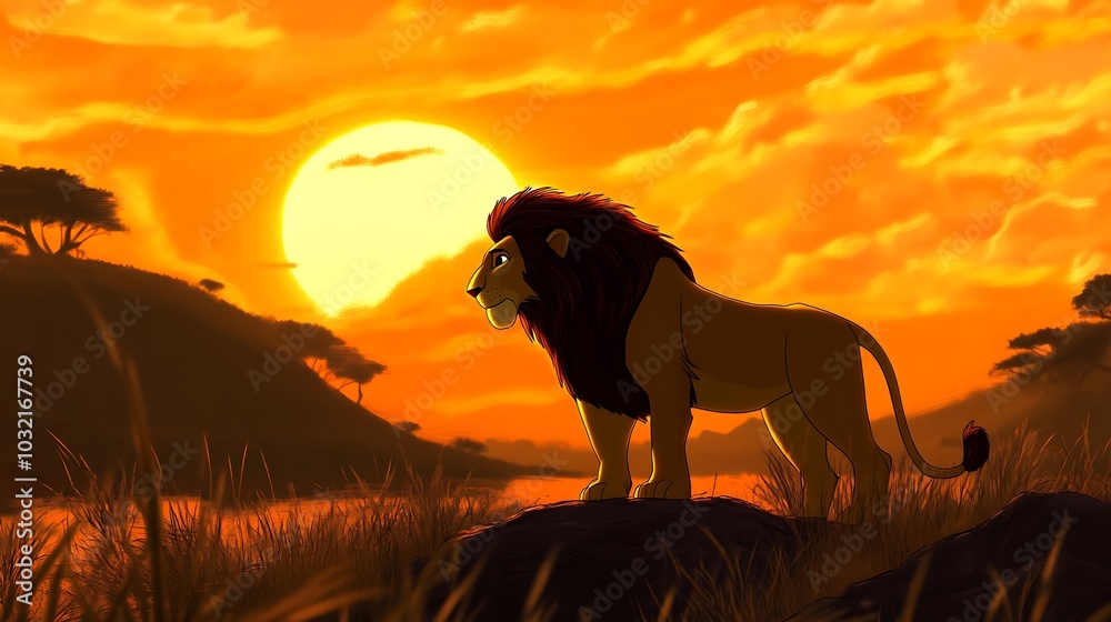 A Lion Standing on a Rock Against a Sunset